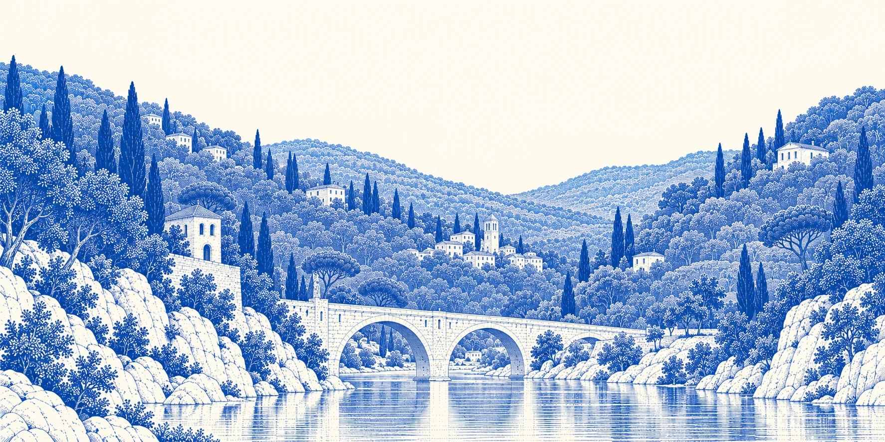 Paisagem ilustrada em azul: uma ponte de pedra conecta margens entre colinas, árvores e pequenas casas.